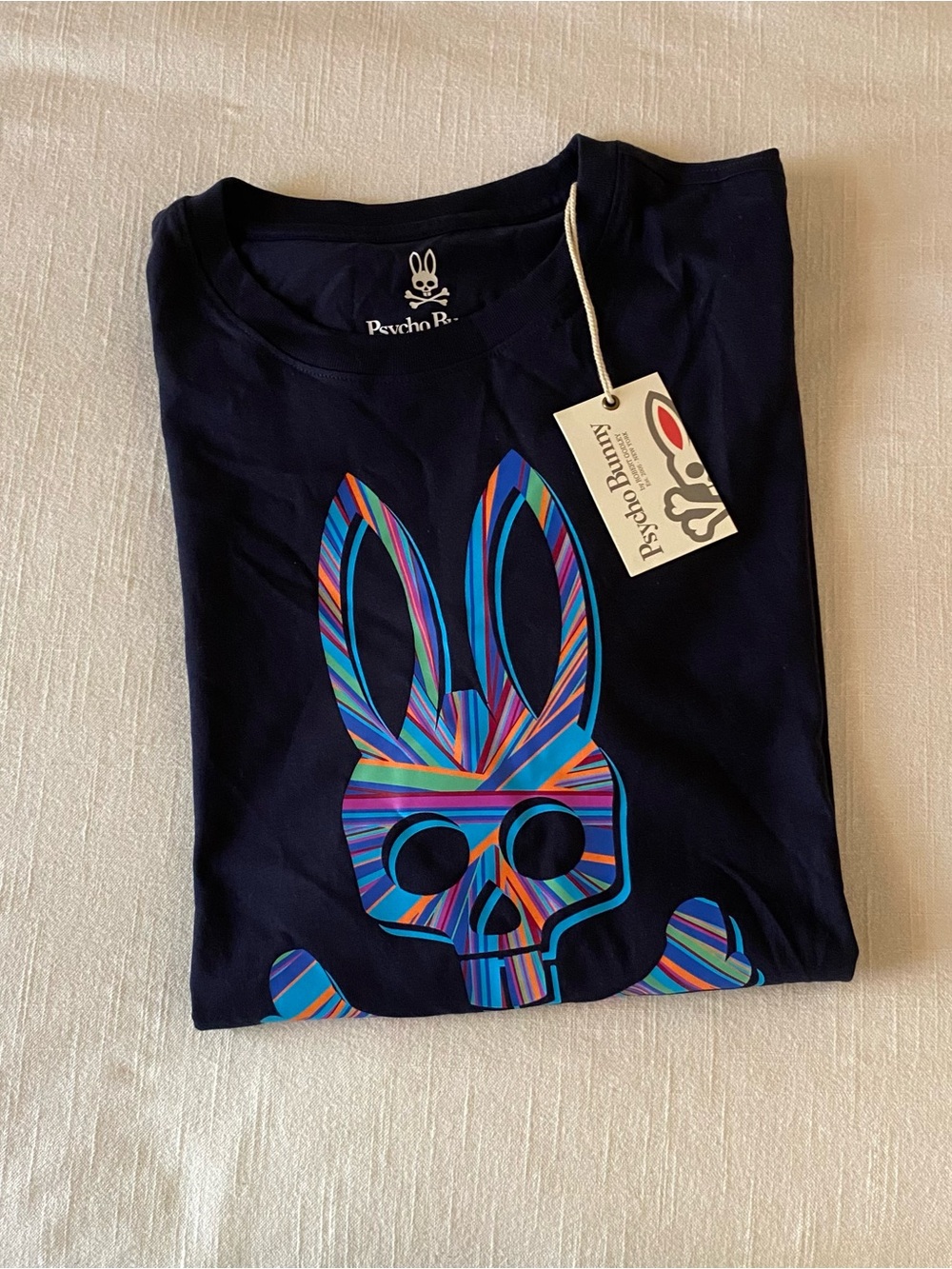Psycho Bunny Navy Short-Sleeve Tee with Multicolor Striped Skull Bunny